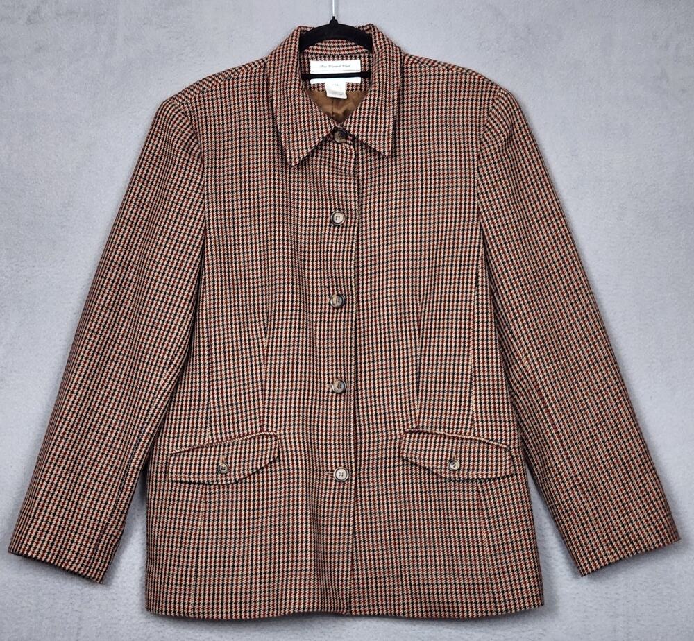 PURSUITS LTD Blazer Jacket Womens Size 14 Brown Houndstooth Worsted Wool Career